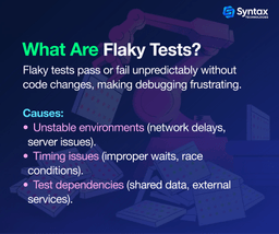 A visual breakdown of flaky tests, describing their inconsistent pass/fail behavior and listing key causes, including network delays, race conditions, and shared data issues.